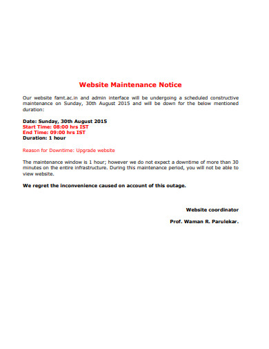 website mainttenance notice template