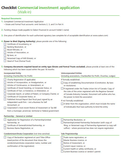 checklist commercial investment application