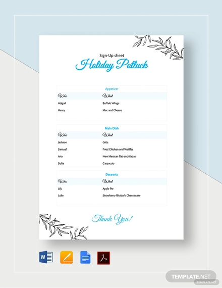 holiday potluck signup sheet template