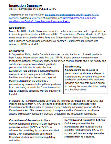 inspection summary template