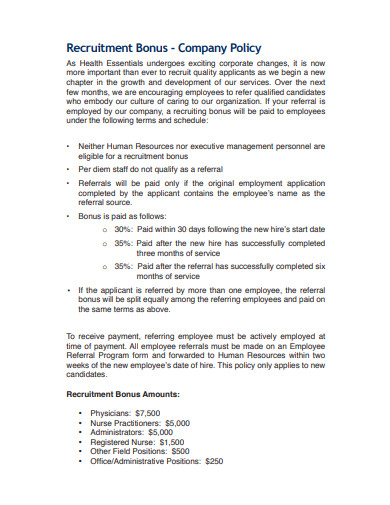 recruitment company bonus policy template