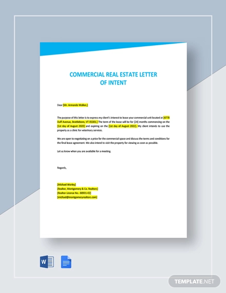 commercial real estate letter of intent template