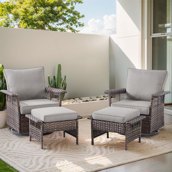 Gymojoy StLouis Brown Wicker Outdoor Rocking Chair with Gray Cushions ...