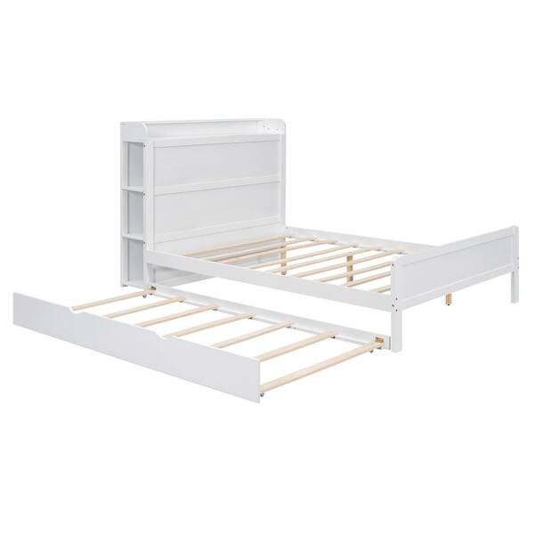 Nestfair White Wood Frame Full Platform Bed with Trundle and Shelves ...