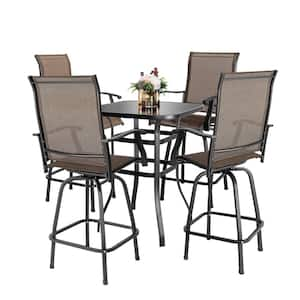  5-Piece Nuu Garden Brown Metal Patio Outdoor Bar Set with High Swivel Bistro Chairs and Square Table