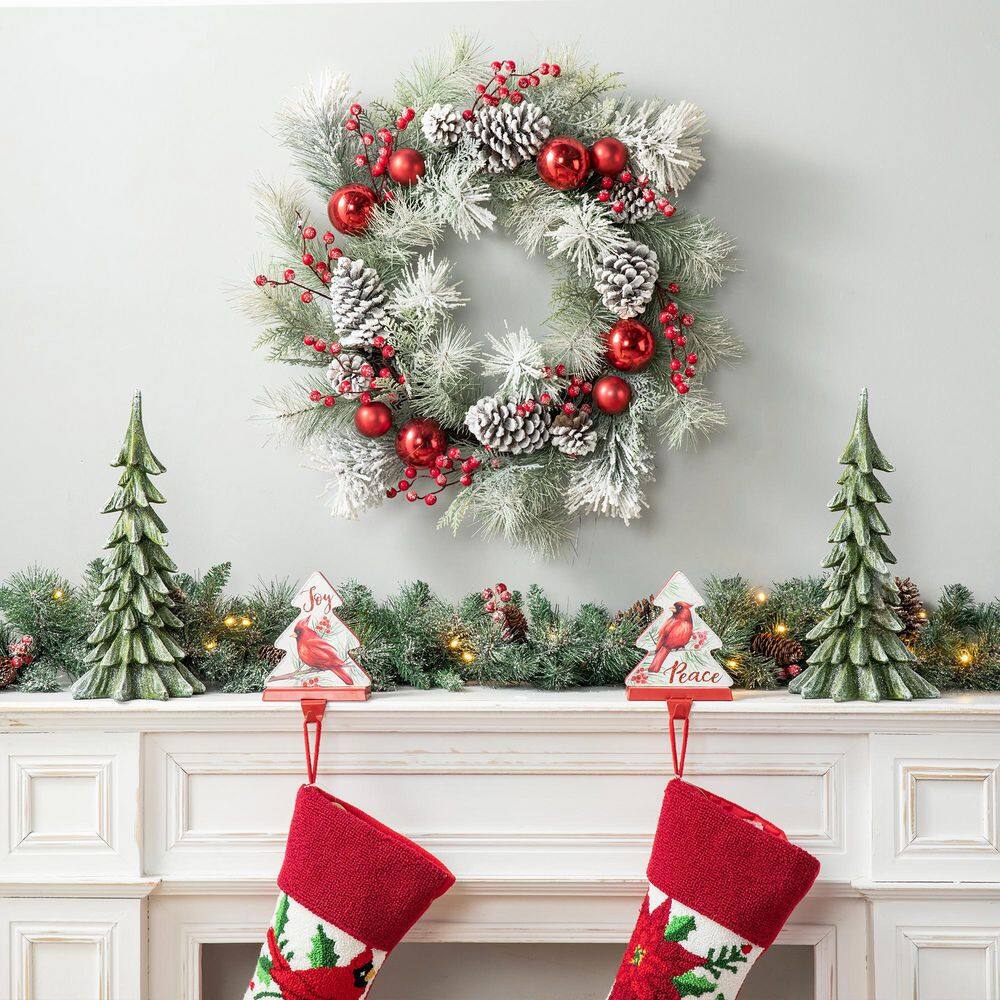 Glitzhome 24 in. Artificial D Flocked Pinecone and Ornament Wreath ...