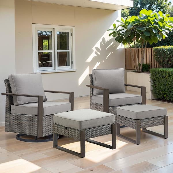 Gymojoy Allcot 4-Piece Gray Patio Swivel Chair with Ottoman Wicker ...