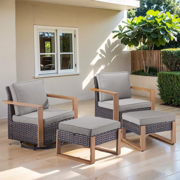 Gymojoy Allcot 4-Piece Brown Patio Swivel Chair with Ottoman Wicker ...