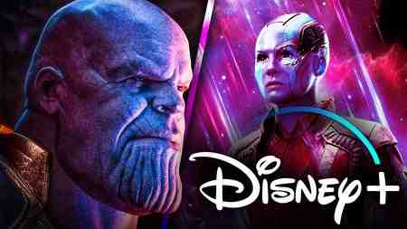 Josh Brolin as Thanos, Karen Gillan as Nebula, Disney+ logo