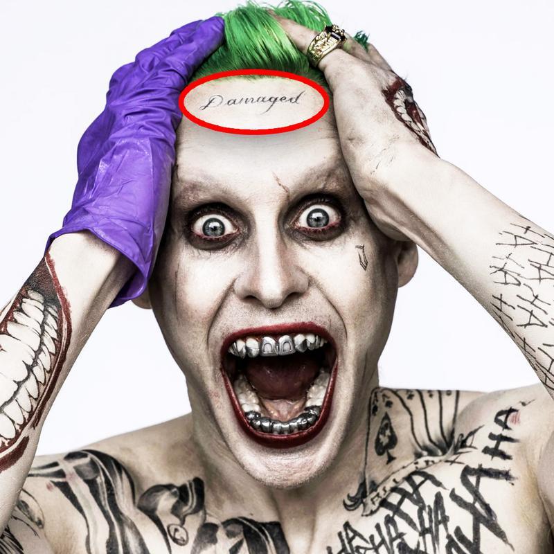 Jared Leto Joker with Damaged Forehead Tattoo circled