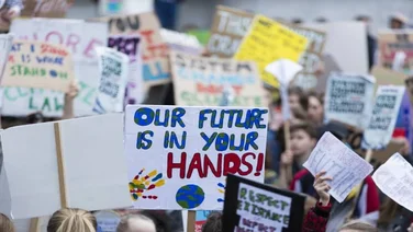 climate change protesters wave placards