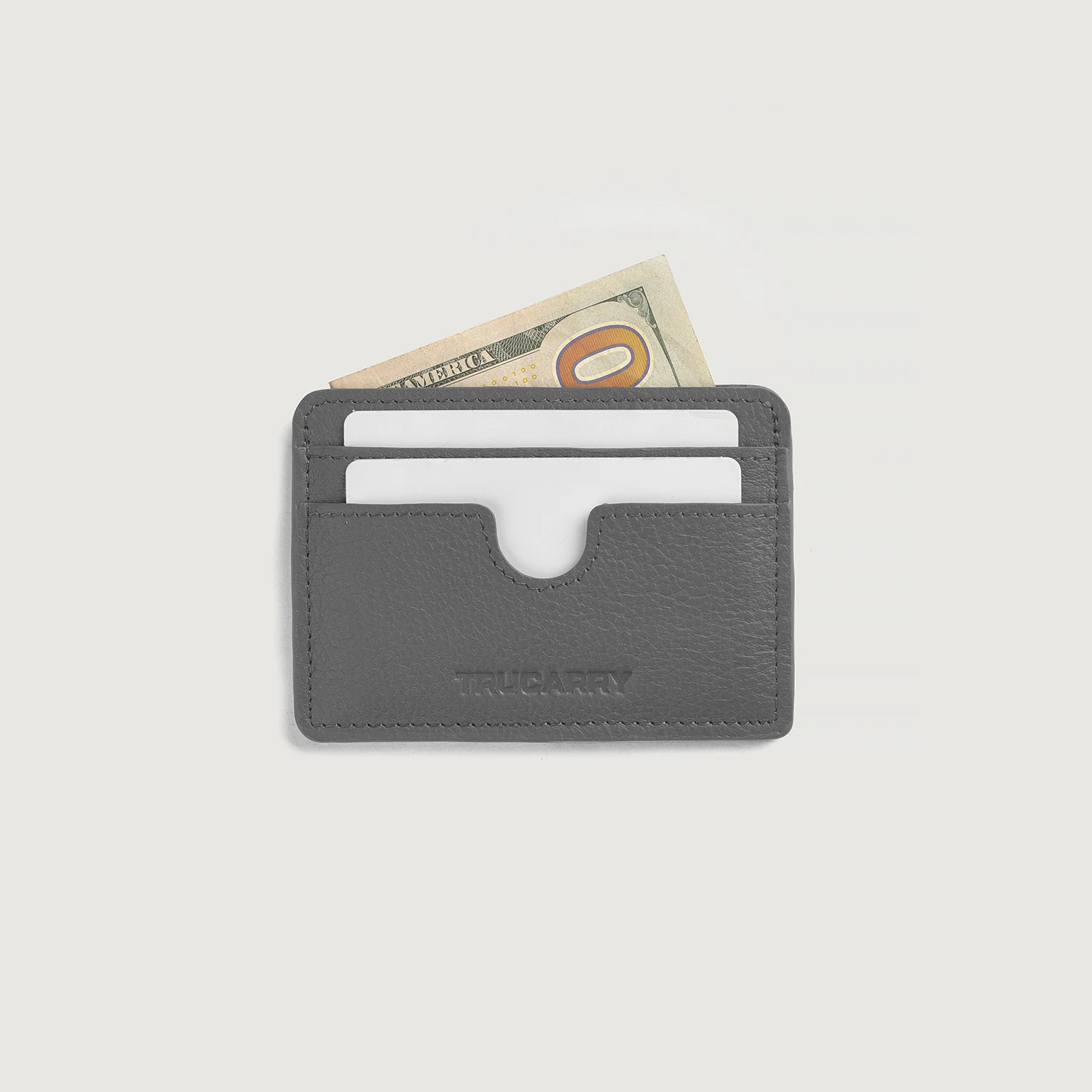 Karl Grey Leather Card Holder Open with Accessories