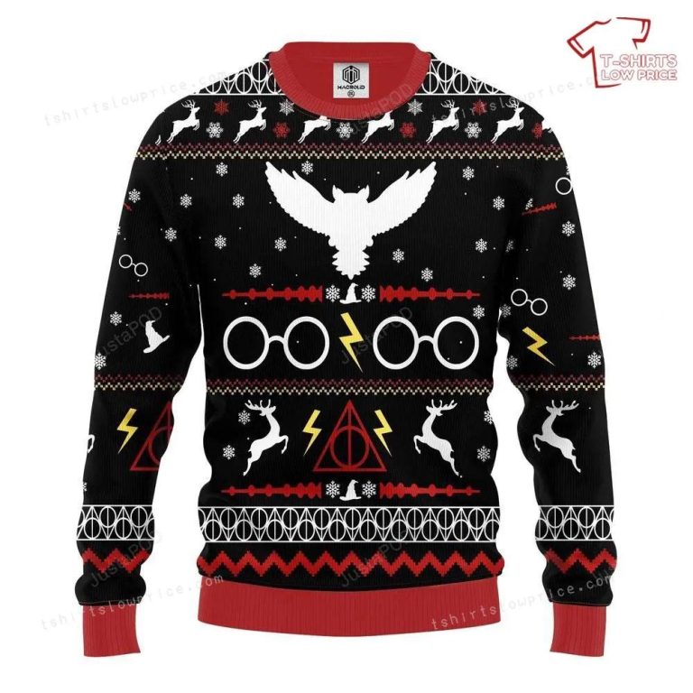 Hp Hp Owl The Deathly Hallows Symbol Black Red Ugly Sweater - T-shirts ...