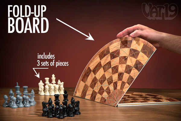 The 3 Man Chess board folds away for easy storage.