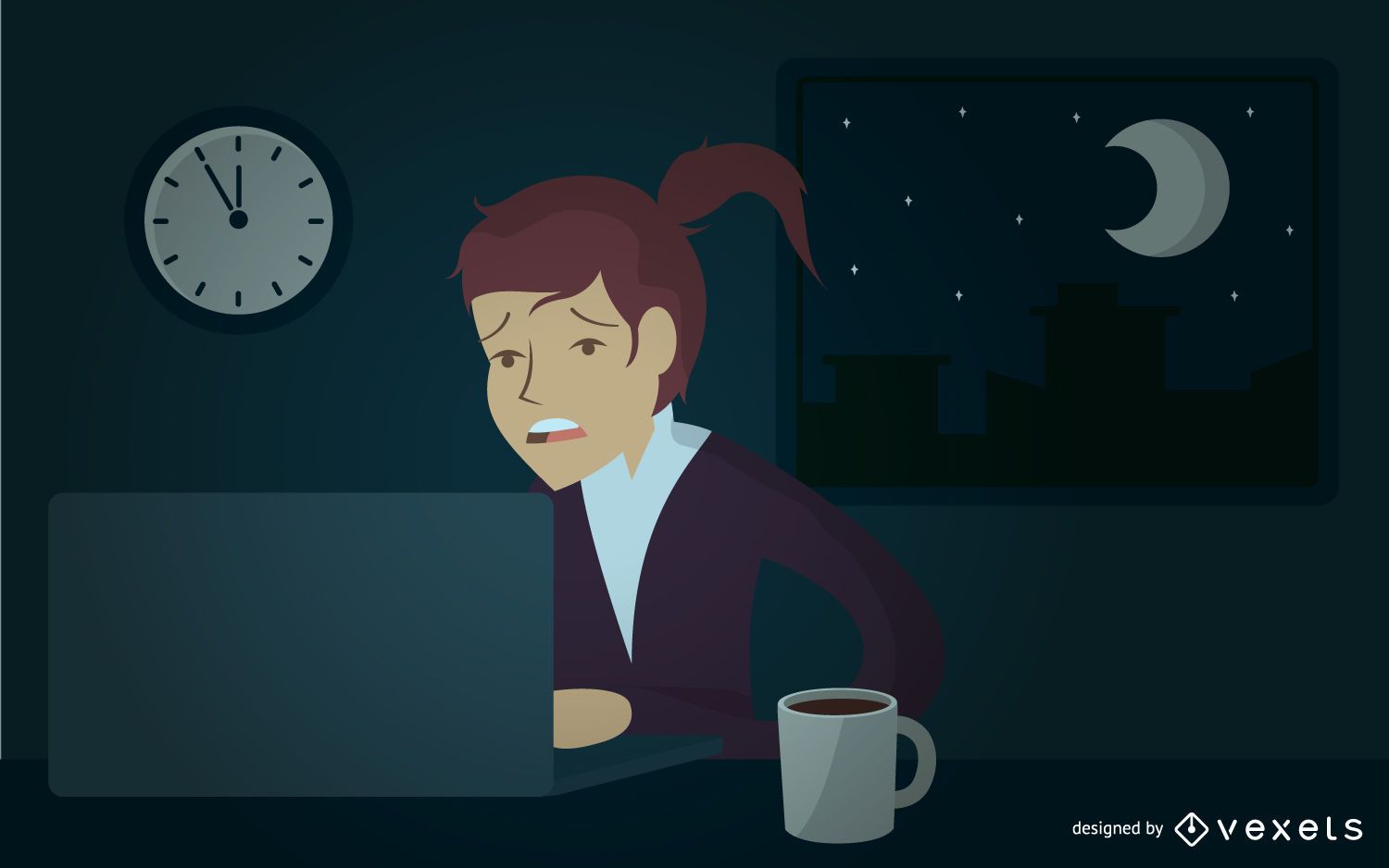 Illustrated businesswoman working late