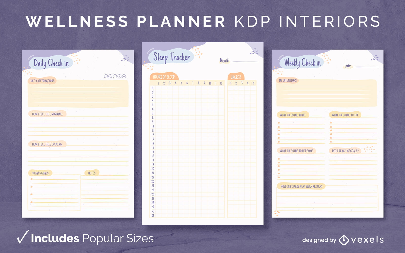 Wellness watercolor planner design template KDP