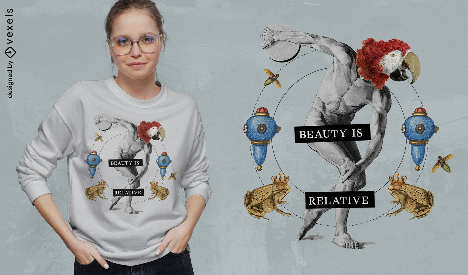 Statue with bird head collage t-shirt psd