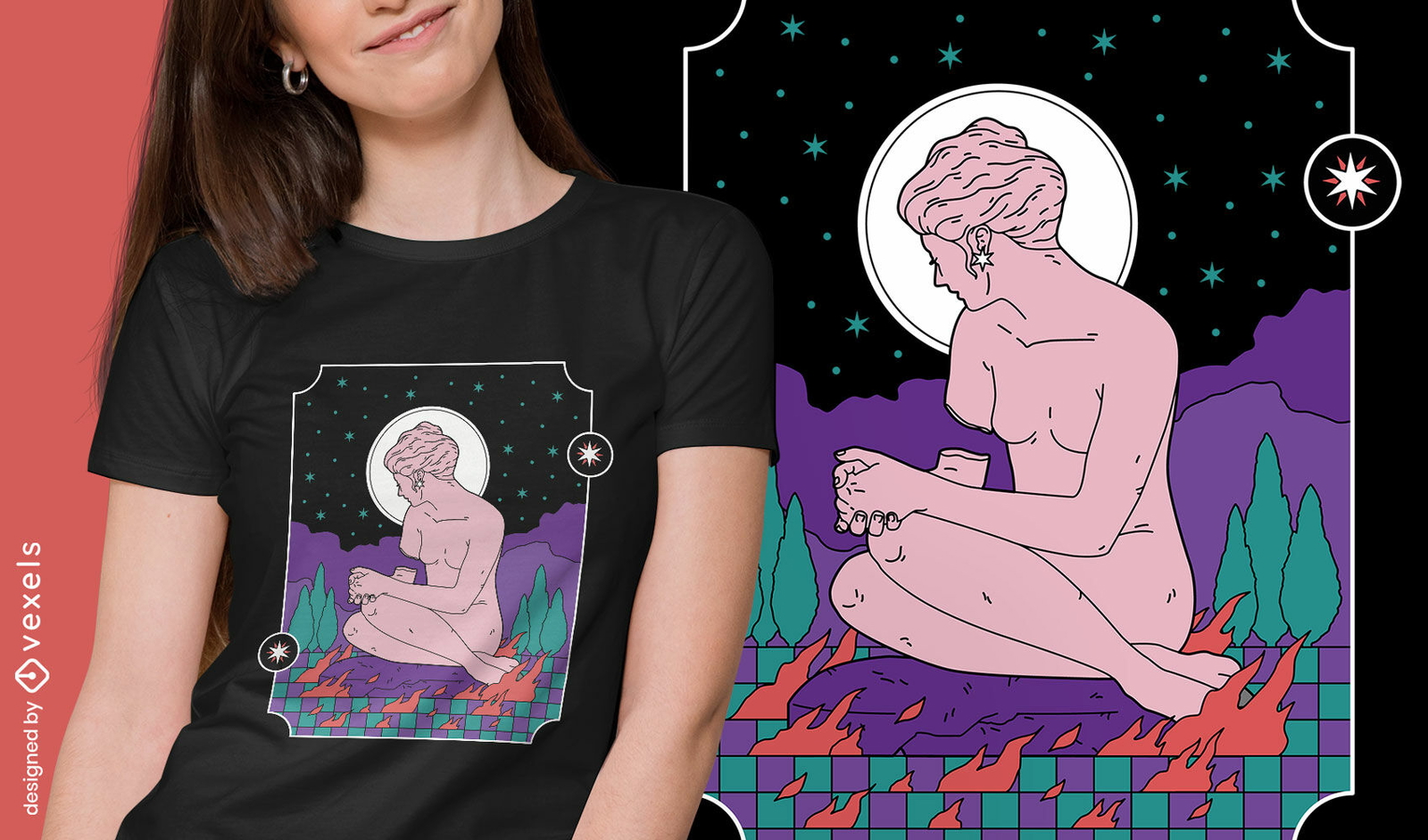 Diseño de camiseta de estatua mística en la noche.