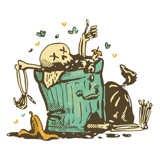 Skeleton hiding inside a garbage can PNG Design