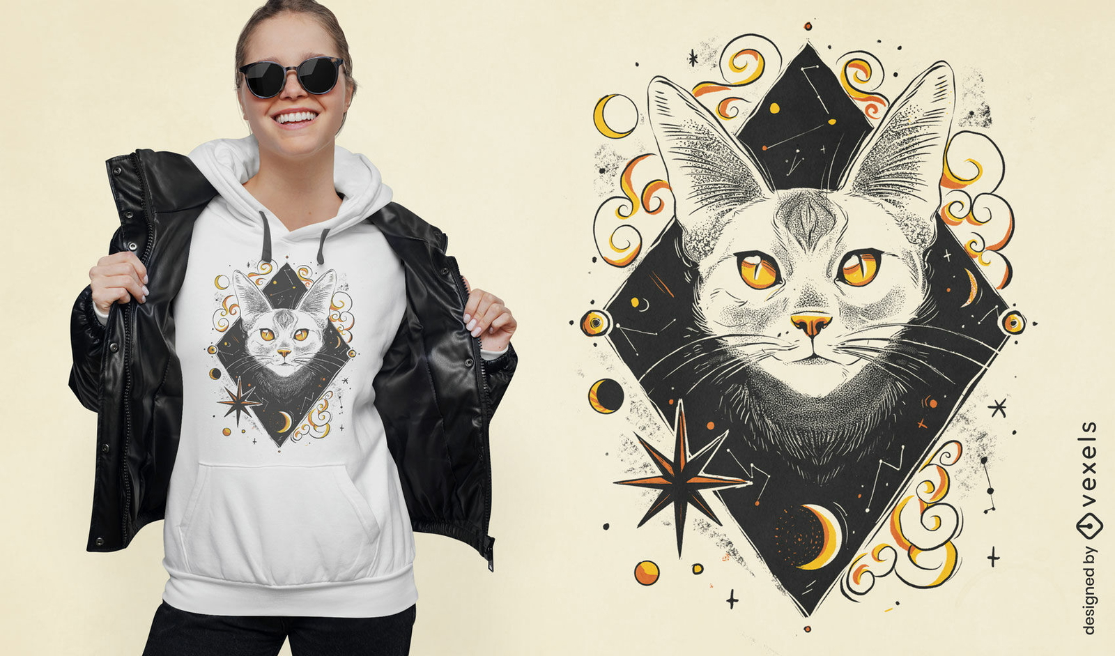 Diseño de camiseta de gato blanco de noche cósmica.