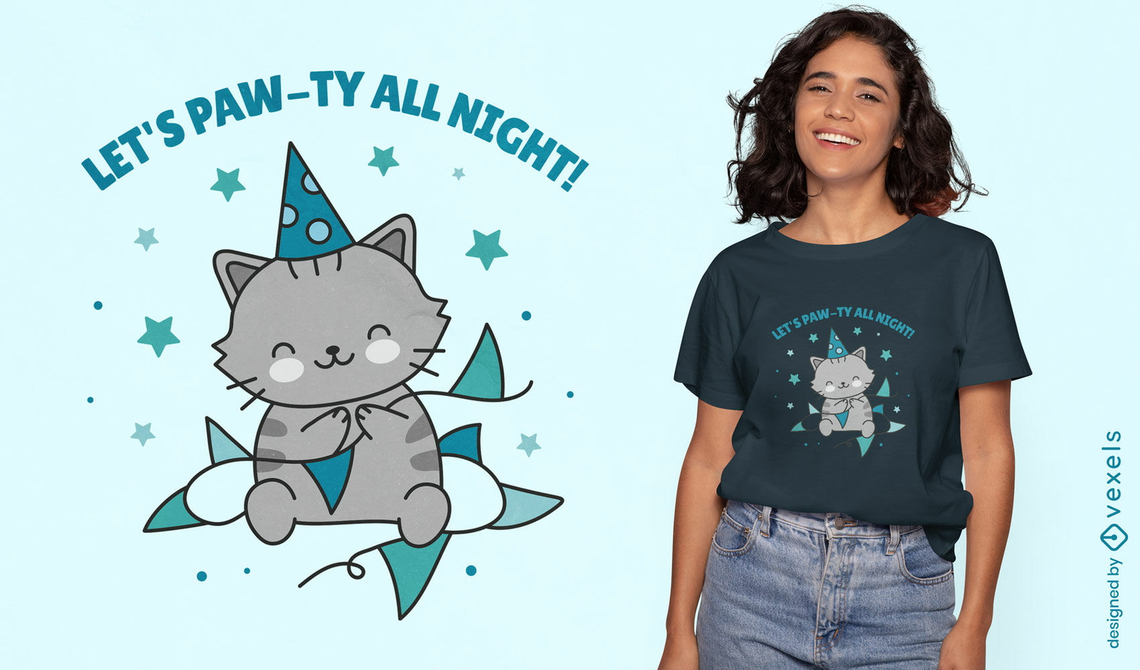 Diseño de camiseta de gato de fiesta nocturna.