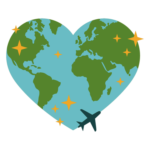 Heart shaped earth with a plane flying around it PNG Design