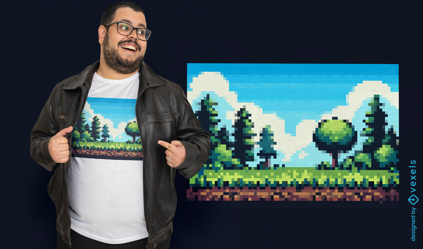 Design de camiseta com paisagem em pixel art