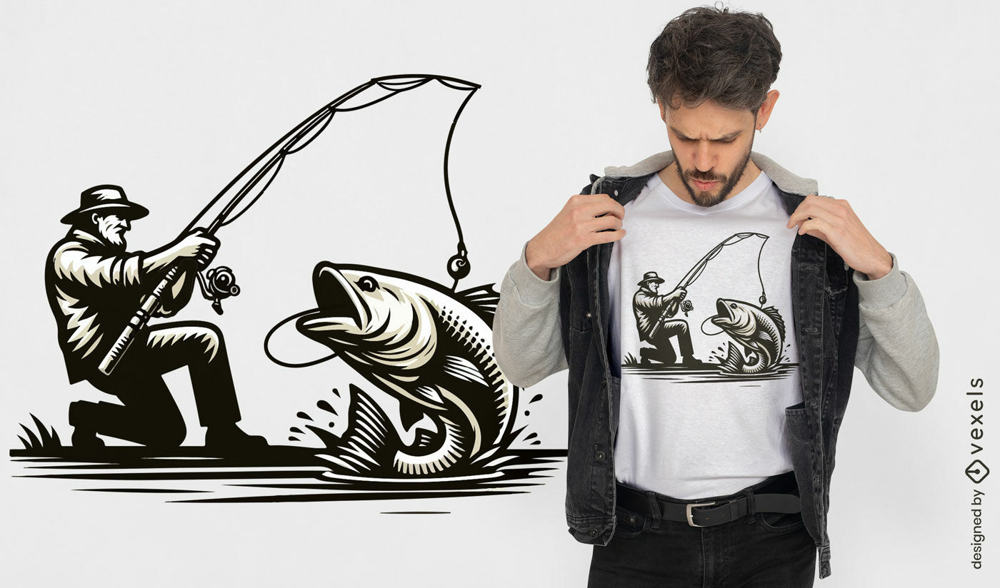 Design de camiseta pescador pegando peixe