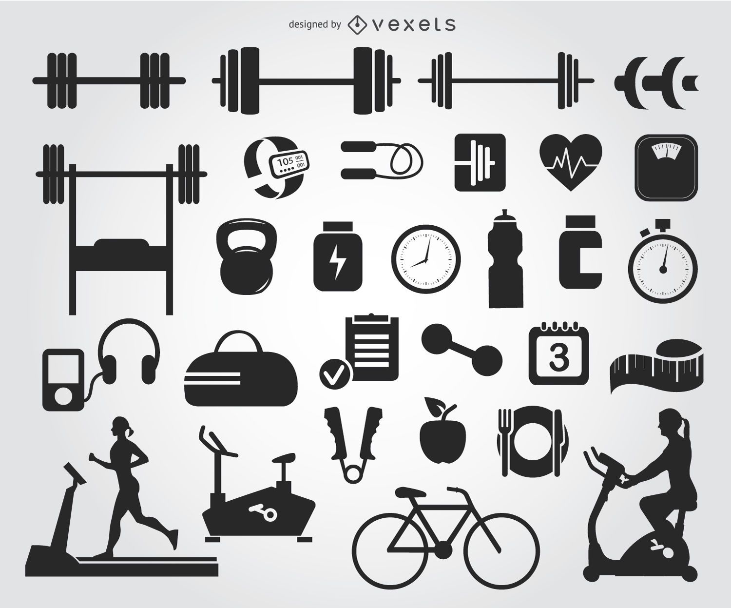 29 Gym icons silhouettes