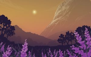 Preview wallpaper landscape, mountains, art, lavender, flowers, trees, sun