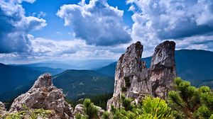 Preview wallpaper rocks, mountains, bushes, trees, sky