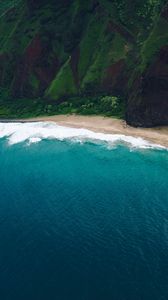 Preview wallpaper sea, rocks, moss, coast, surf