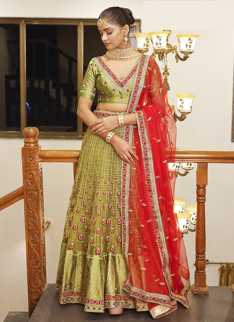 Buy Olive Green Premium Net Wedding Wear Embroidered ...