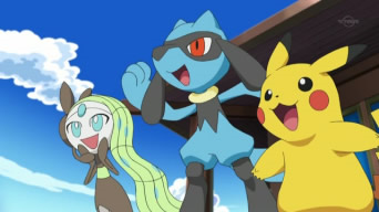 EP756 Meloetta Riolu Pikachu.png