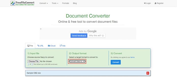 format de sortie dans freefileconvert