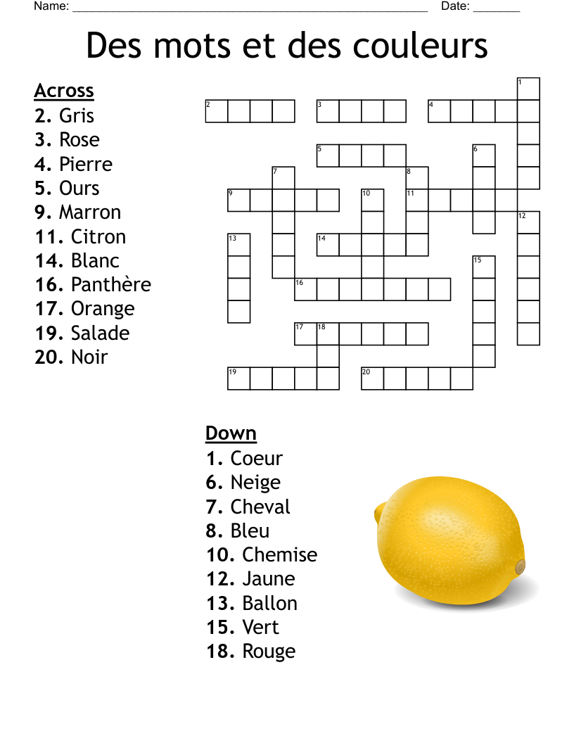 Des mots et des couleurs Crossword