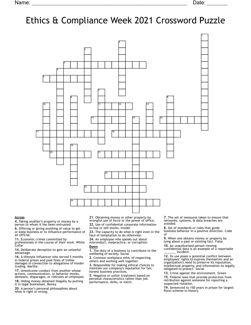 Ethics & Compliance Week 2021 Crossword Puzzle