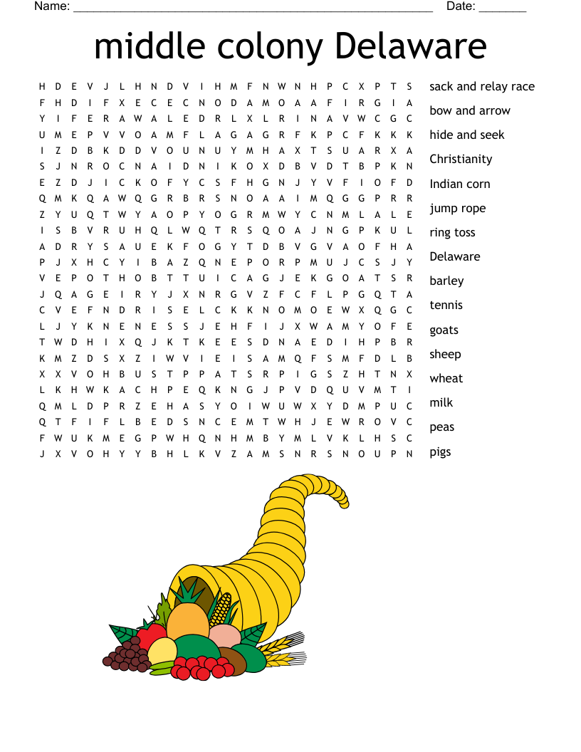 middle colony Delaware Word Search