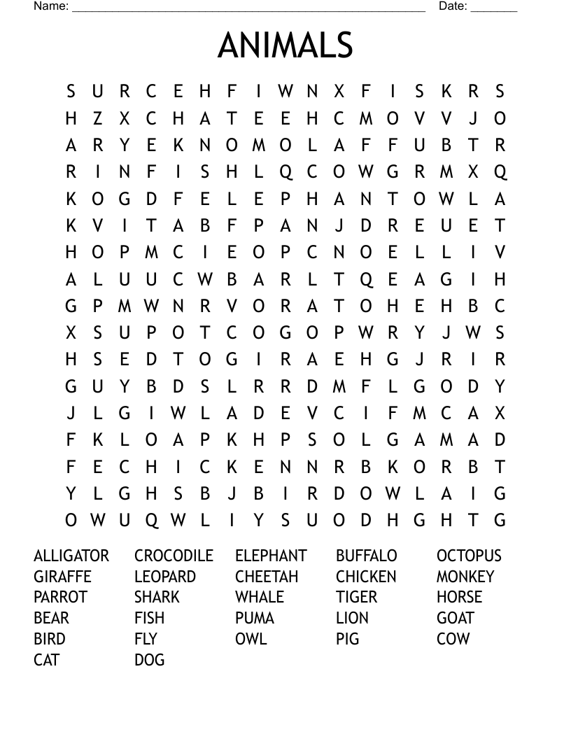 ANIMALS Word Search - WordMint