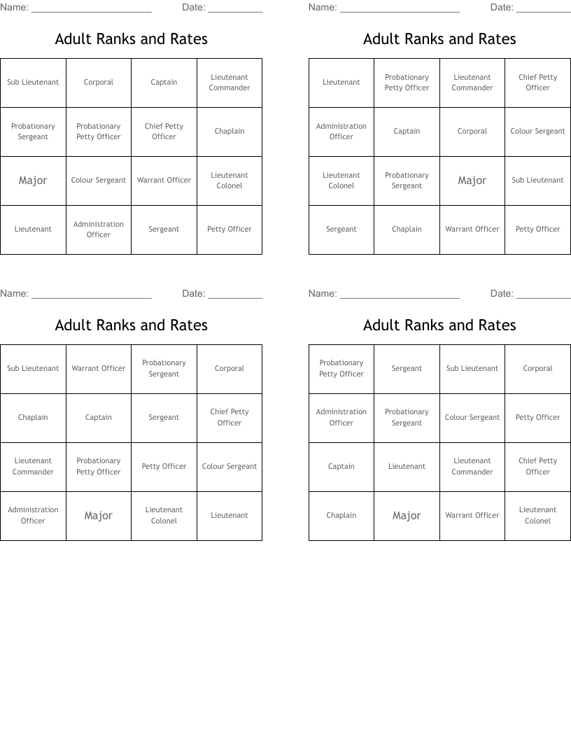 Adult Ranks and Rates Bingo Cards