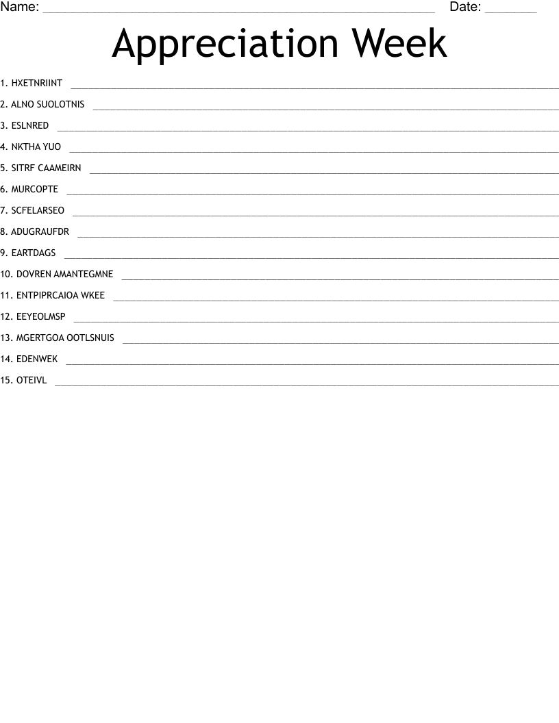 Appreciation Week Word Scramble - WordMint
