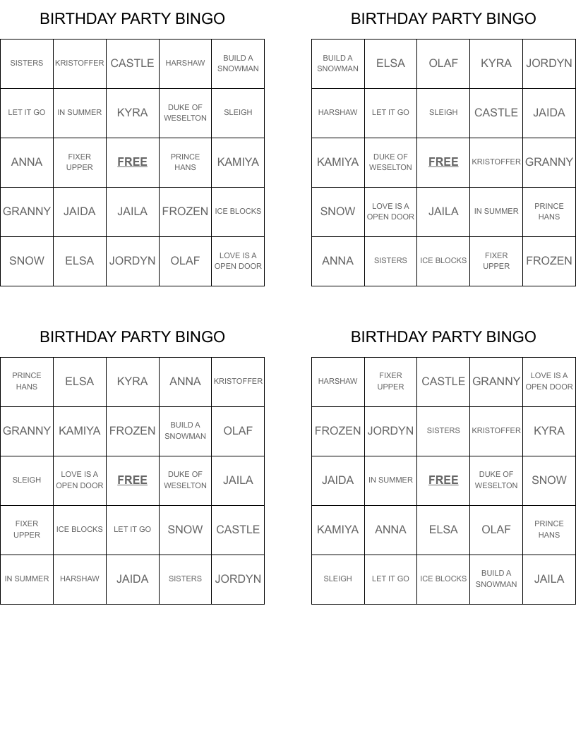 BIRTHDAY PARTY BINGO