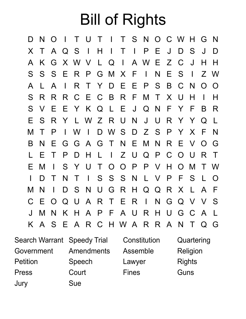 Bill Of Rights Word Search Free Printable