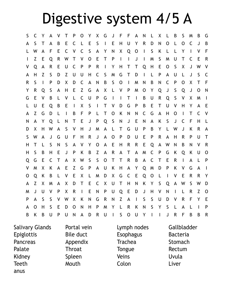 Digestive system 4/5 A Word Search