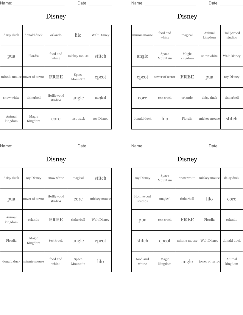 Disney Bingo Cards