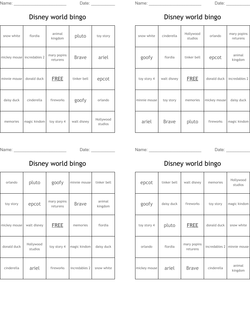 Disney world bingo 