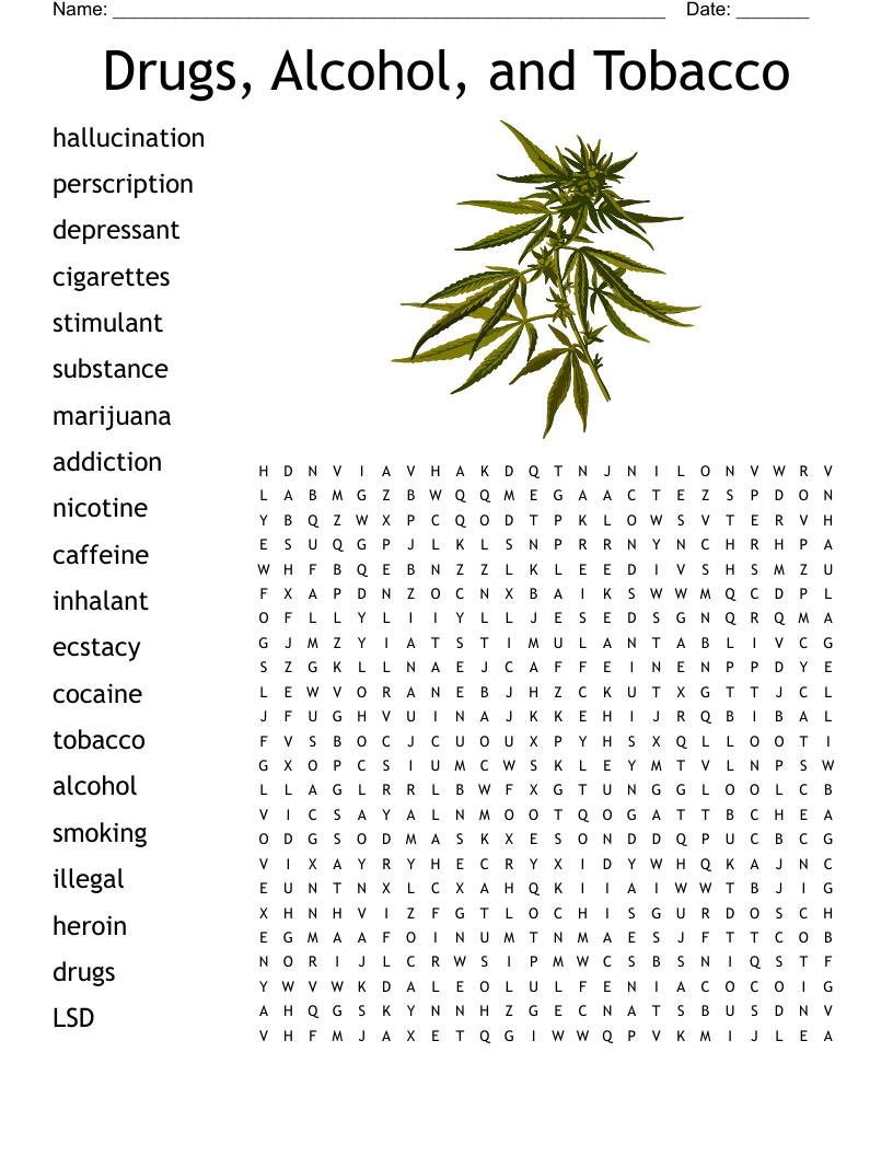 Drugs, Alcohol, and Tobacco  Word Search