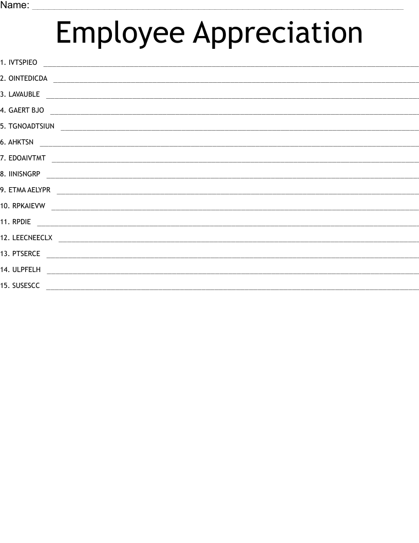 Employee Appreciation Word Scramble - WordMint