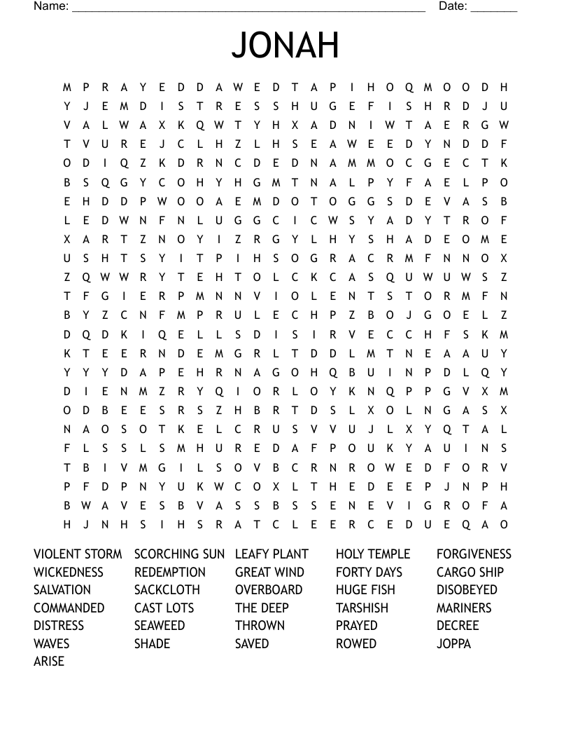 Jonah And The Whale Word Search