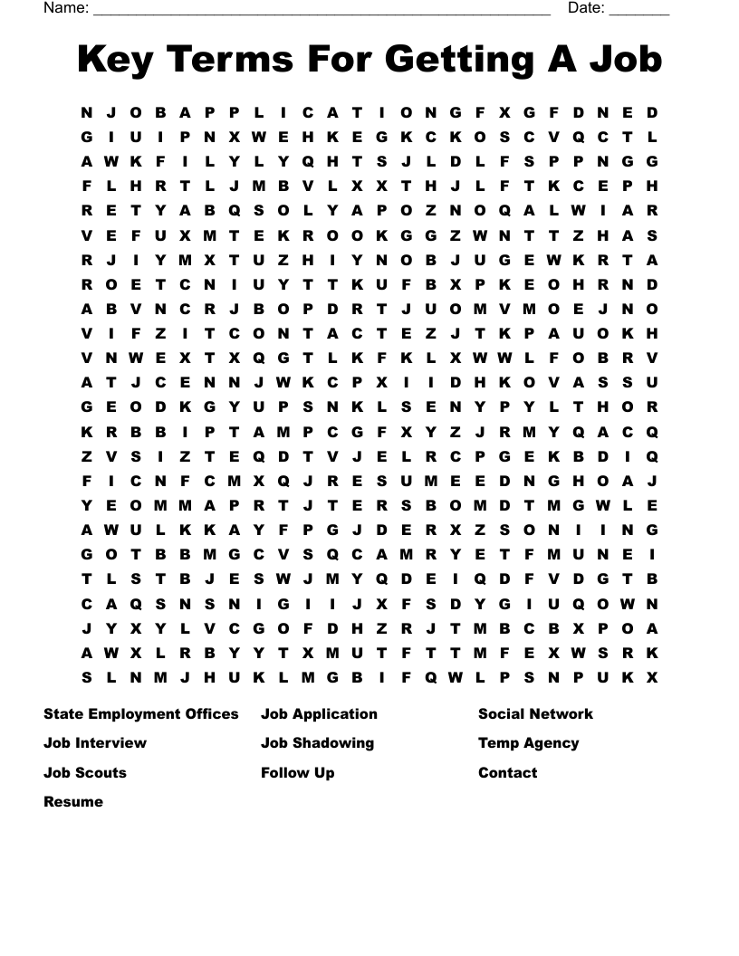 Key Terms For Getting A Job Word Search